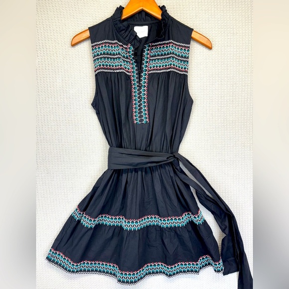 Sundays Mini Black Boho Sleeveless Poplin Dress Women Small Embroidered Belted - Picture 1 of 11